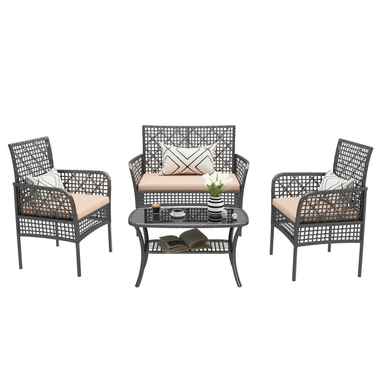 4 Pieces Rattan Wicker Chairs With Tempered Glass Table And Cushions - Furniture Home Direct