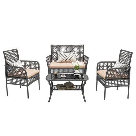 4 Pieces Rattan Wicker Chairs With Tempered Glass Table And Cushions - Furniture Home Direct