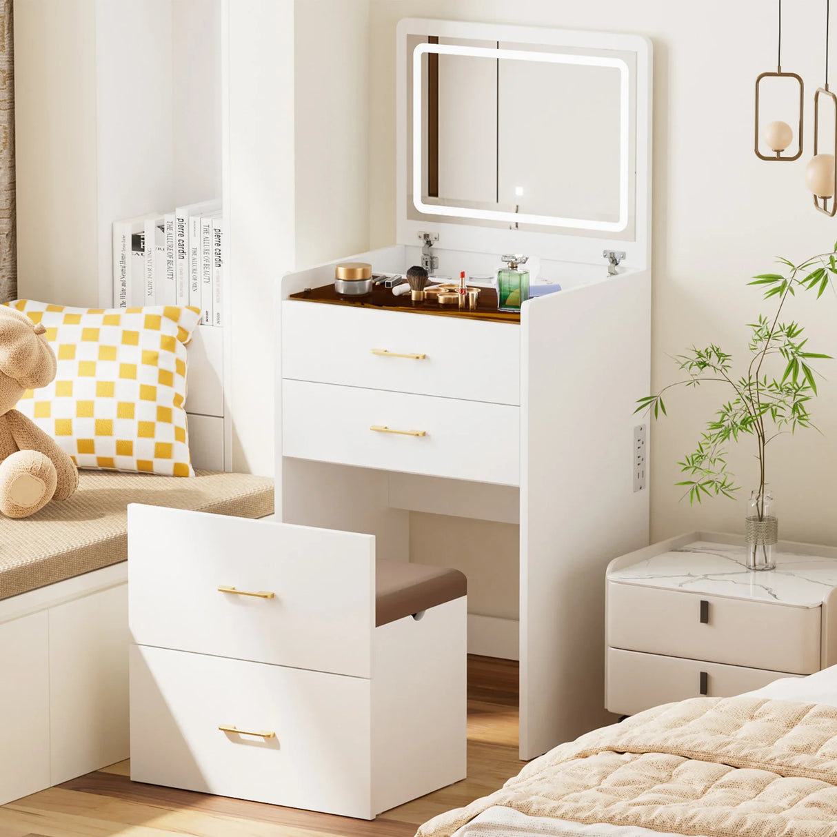 Vanity Table With Flip Top Four Drawers And Stool White - Furniture Home Direct