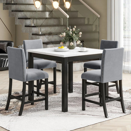 5-Piece Counter Height Dining Table Set With One Faux Marble Top Dining Table And Four Velvet Upholstered Chairs - Furniture Home Direct