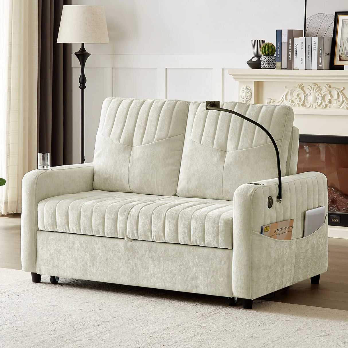 Sleeper Sofa With Adjustable Backrest, Two Cup Holders, Phone Holder, Three Charging Ports And Side Storage Pockets- Beige - Furniture Home Direct