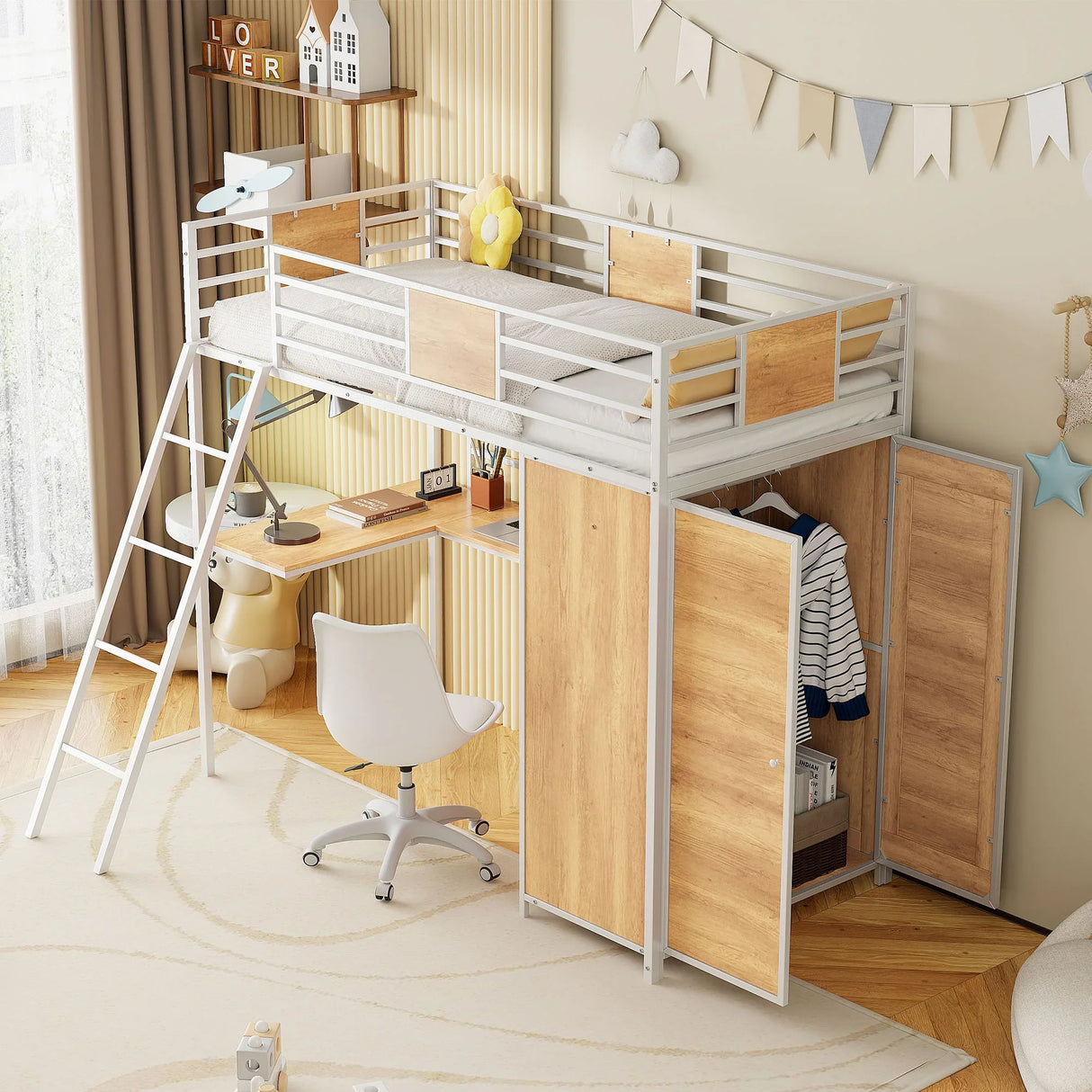 Loft Bed With L Shape Desk And Wardrobe - Furniture Home Direct