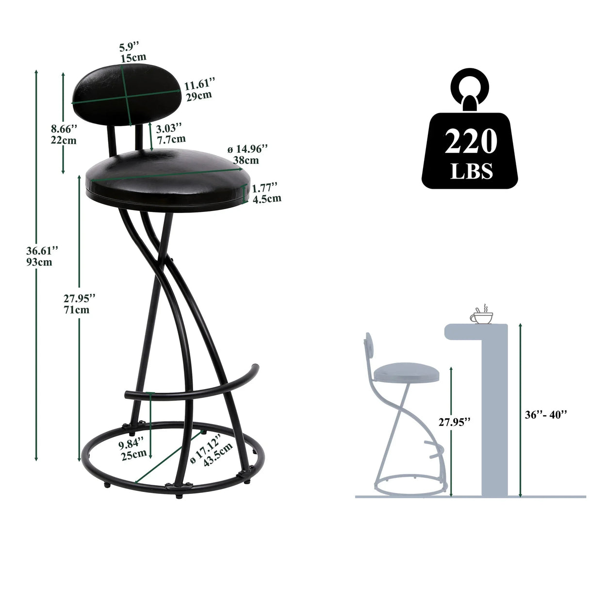 Bar Stools Upholstered Counter Height Barstools For Kitchen Island Modern PU Leather Dining Chairs With Footrest (Set of 2) - Furniture Home Direct