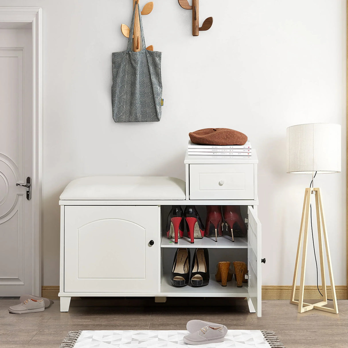 Shoe Storage Bench Cabinet With Fireproof Cushion, Double Doors And Movable Drawer For Door Entrance - White - Furniture Home Direct