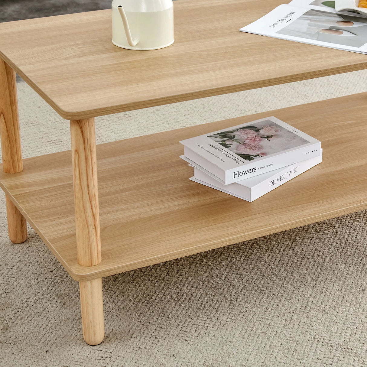 Modern 2 Tier, Rectangular Center Coffee Table With Open Storage Shelf, Rounded Legs - Furniture Home Direct