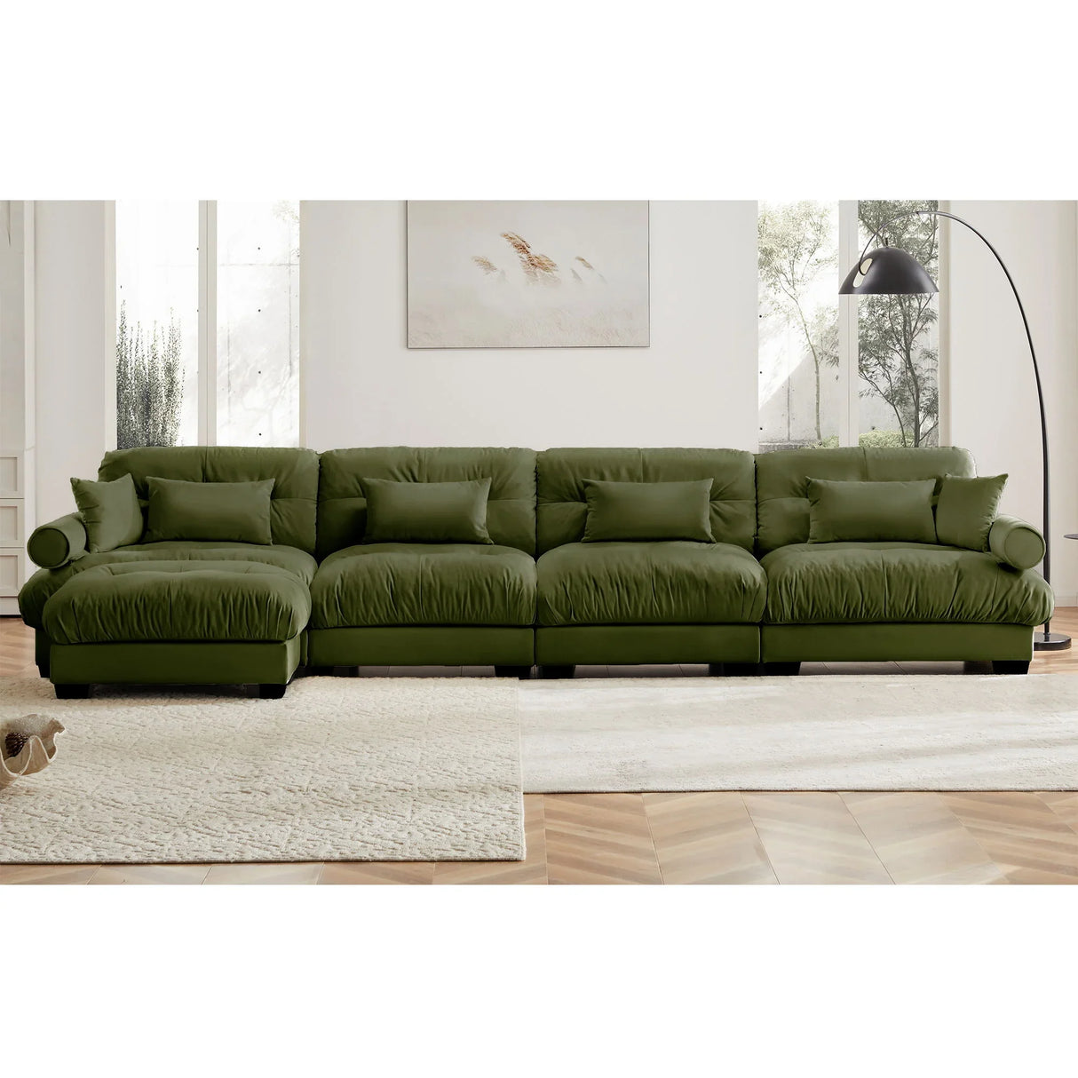 Modern Sectional Sofa With Ottoman, Round Bolster Armrests, Waist And Throw Pillows - Furniture Home Direct