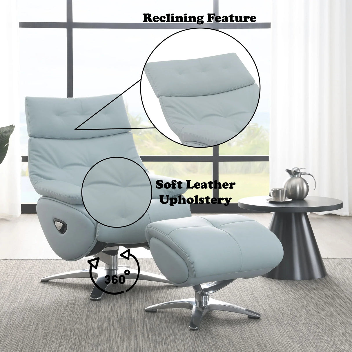 Janella - Top Grain Leather Accent Chair With Swivel & Ottoman - Baby Blue - Furniture Home Direct