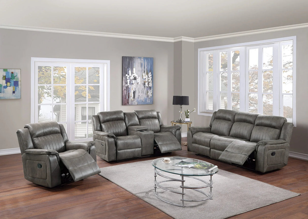 Reclining Sofa Manual Motion Faux Leather Contemporary Gray - Furniture Home Direct
