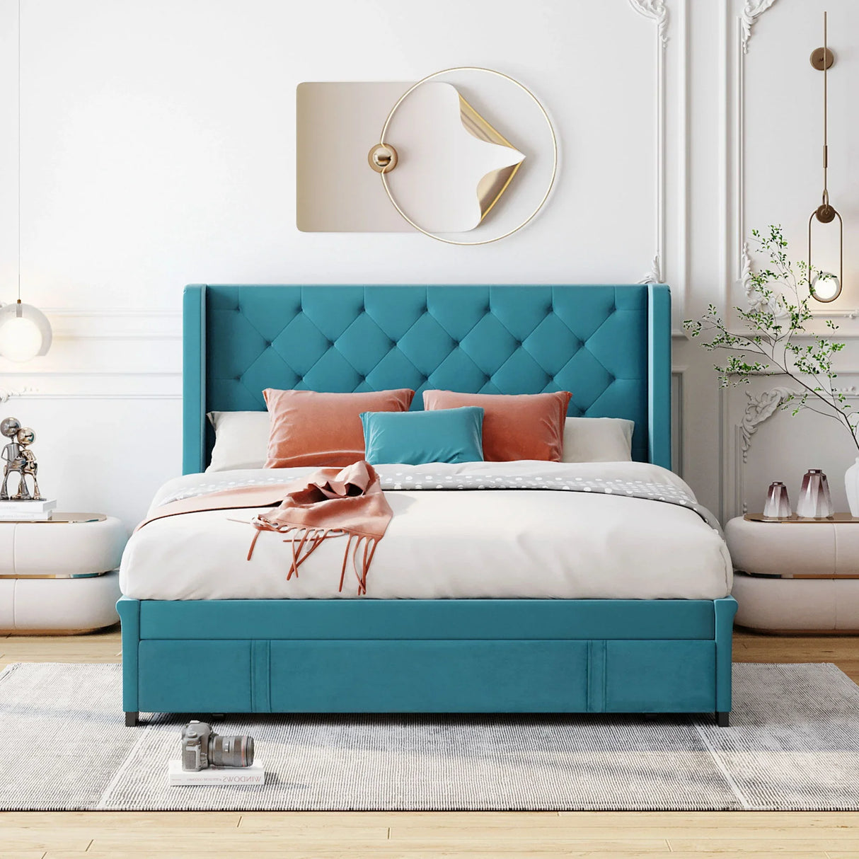 Storage Bed Velvet Upholstered Platform Bed With Wingback Headboard And A Big Drawer - Furniture Home Direct