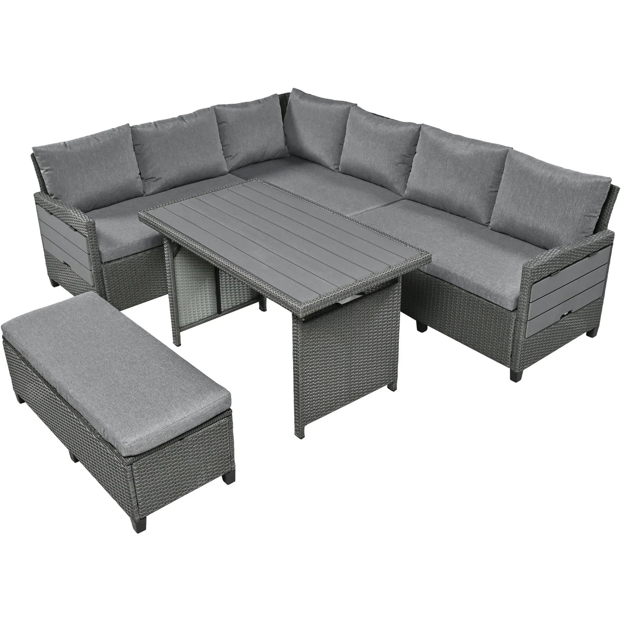 Outdoor Sectional With Side Tables, Tables and Sitting Ottoman- Gray - Furniture Home Direct