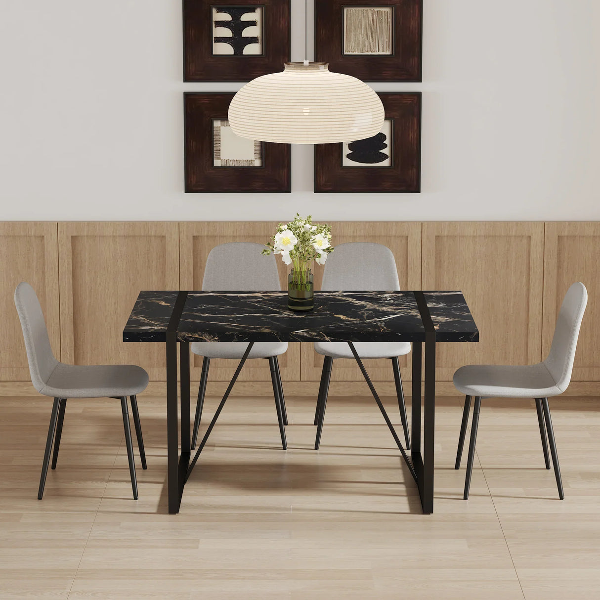 Dining Set Black Marble Top With Linen Chairs Gray - Furniture Home Direct