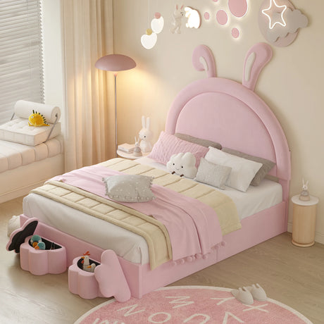 Rabbit Shaped Bed With Storage Stools Upholstered Pink - Furniture Home Direct