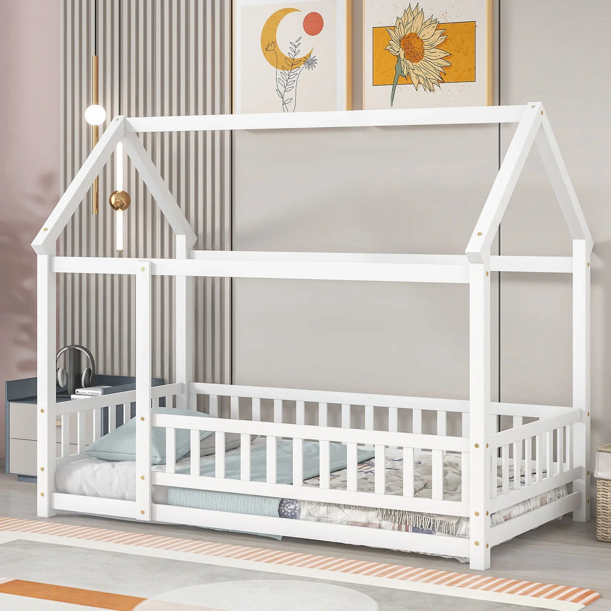 Floor Wooden Bed With House Roof Frame, Fence Guardrails - Furniture Home Direct
