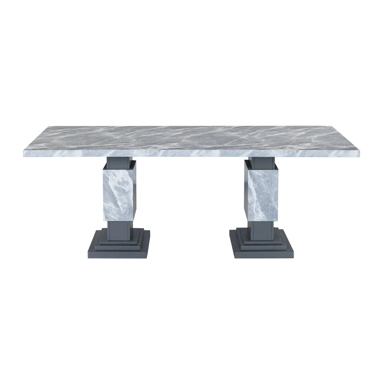 Michelle - Dining Table With Double Pedestal Marble Detailing - Gray - Furniture Home Direct
