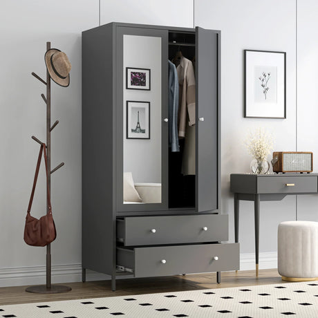 Wardrobe With Mirror Door And Two Drawers Charcoal Gray - Furniture Home Direct