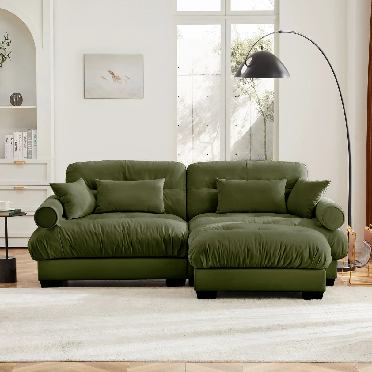 Modern Sectional Sofa With Ottoman, Round Bolster Armrests, Waist And Throw Pillows - Furniture Home Direct
