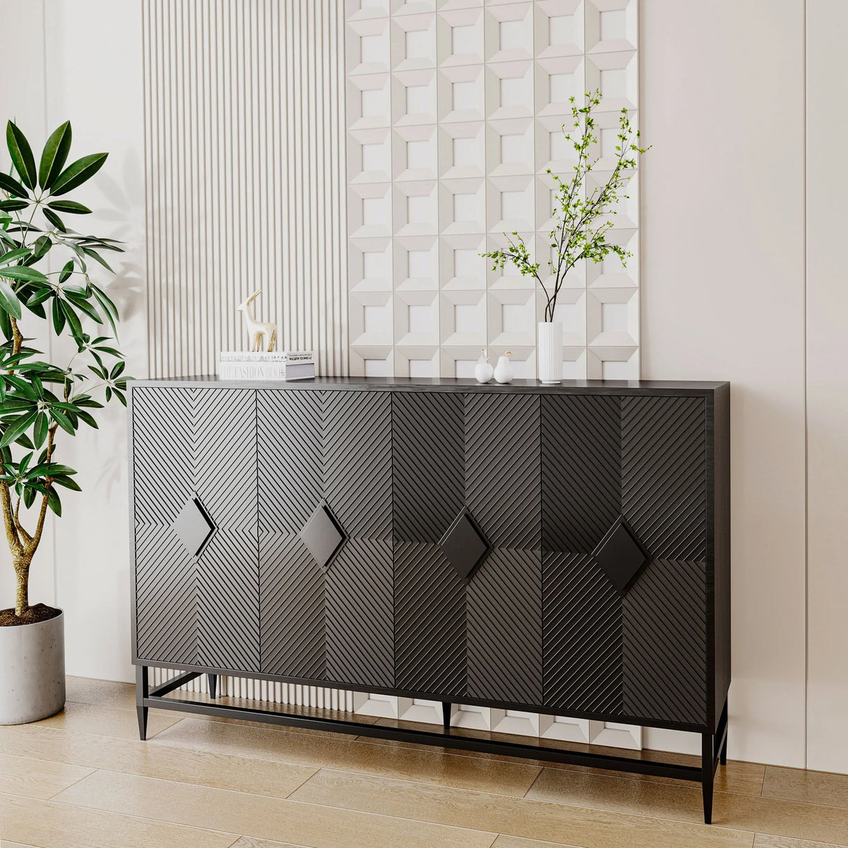 Accent Lacquered 4 Door Wooden Cabinet Sideboard Buffet Server Cabinet Storage Cabinet, For Living Room, Entryway, Hallway, Office, Kitchen And Dining Room - Matte Black - Furniture Home Direct