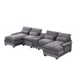 U Shaped Sofa With Console, Cupholders, USB Ports, 6 Seat, Bronzing Suede & Chenille - Furniture Home Direct