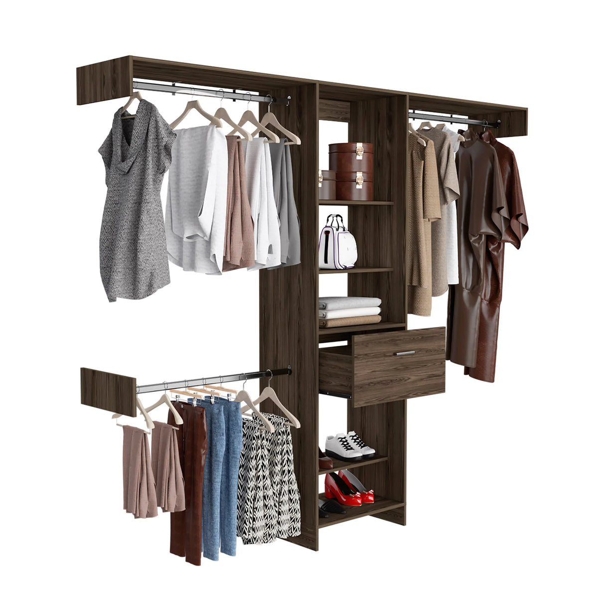Closet System With Rods Shelves Drawer Modern Dark Walnut - Furniture Home Direct