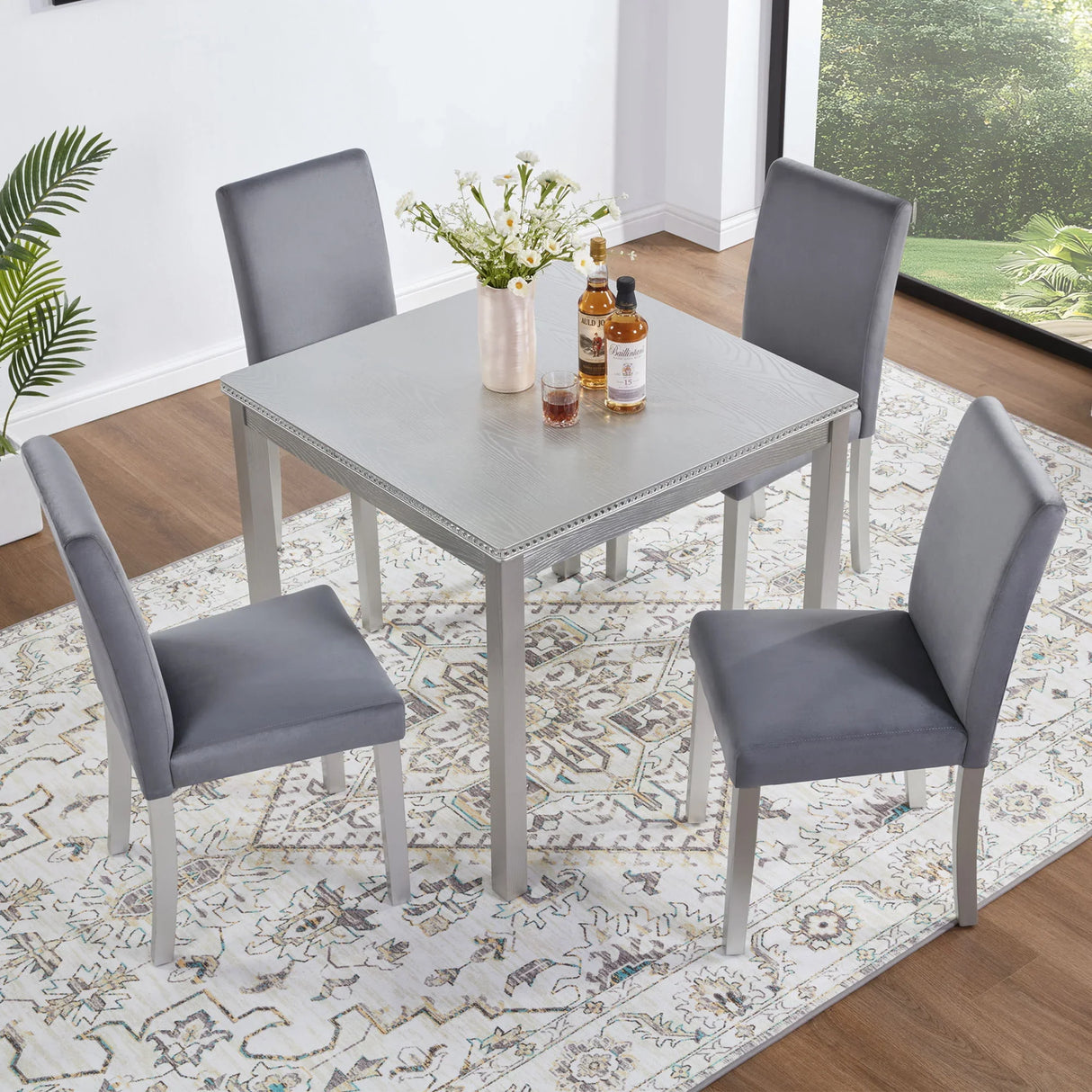 5 Pieces Wooden Dining Table Set, Square Table And 4 Upholstered Chairs - Furniture Home Direct
