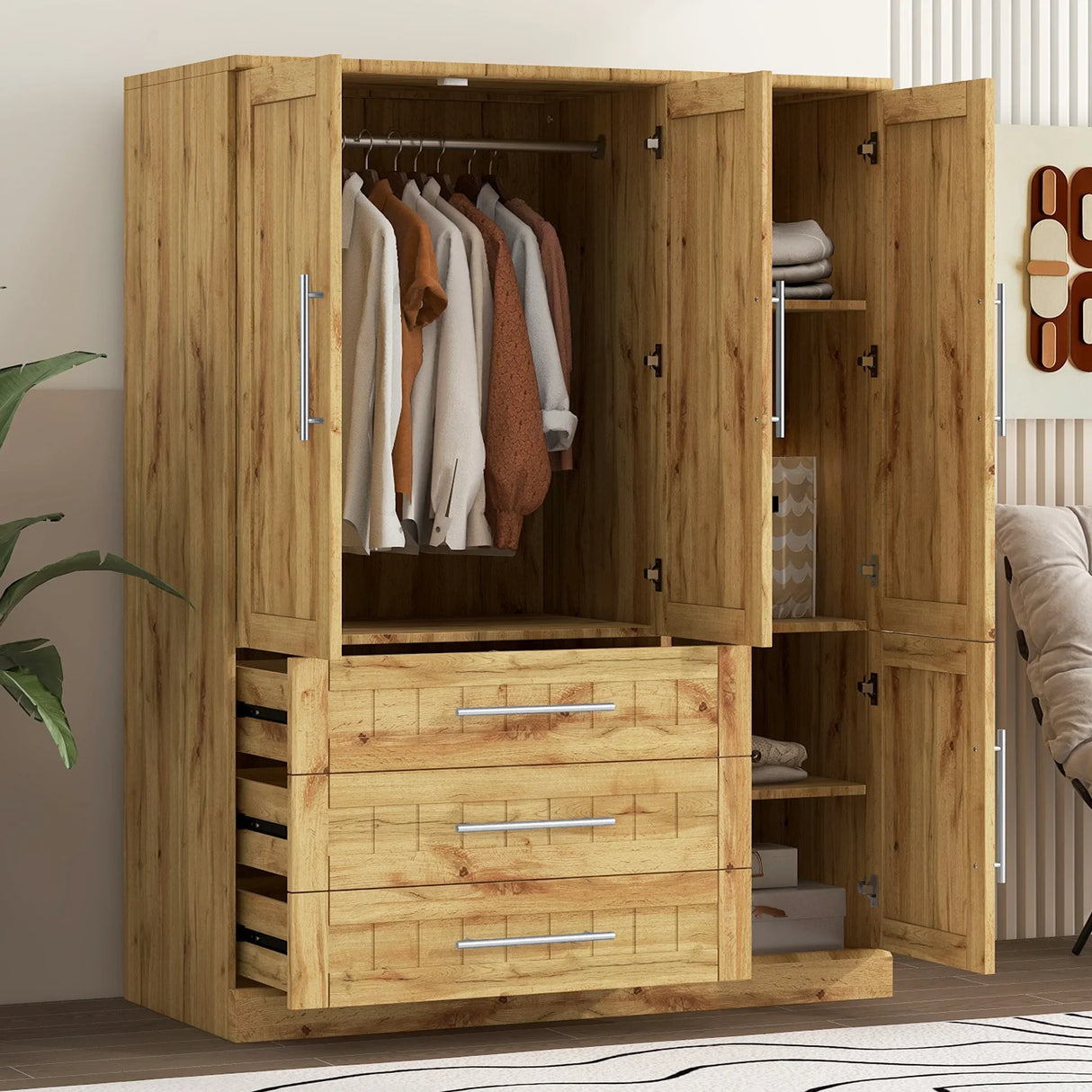 Wardrobe Armoire with Four Doors and Three Drawers Natural - Furniture Home Direct
