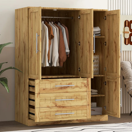 Wardrobe Armoire with Four Doors and Three Drawers Natural - Furniture Home Direct