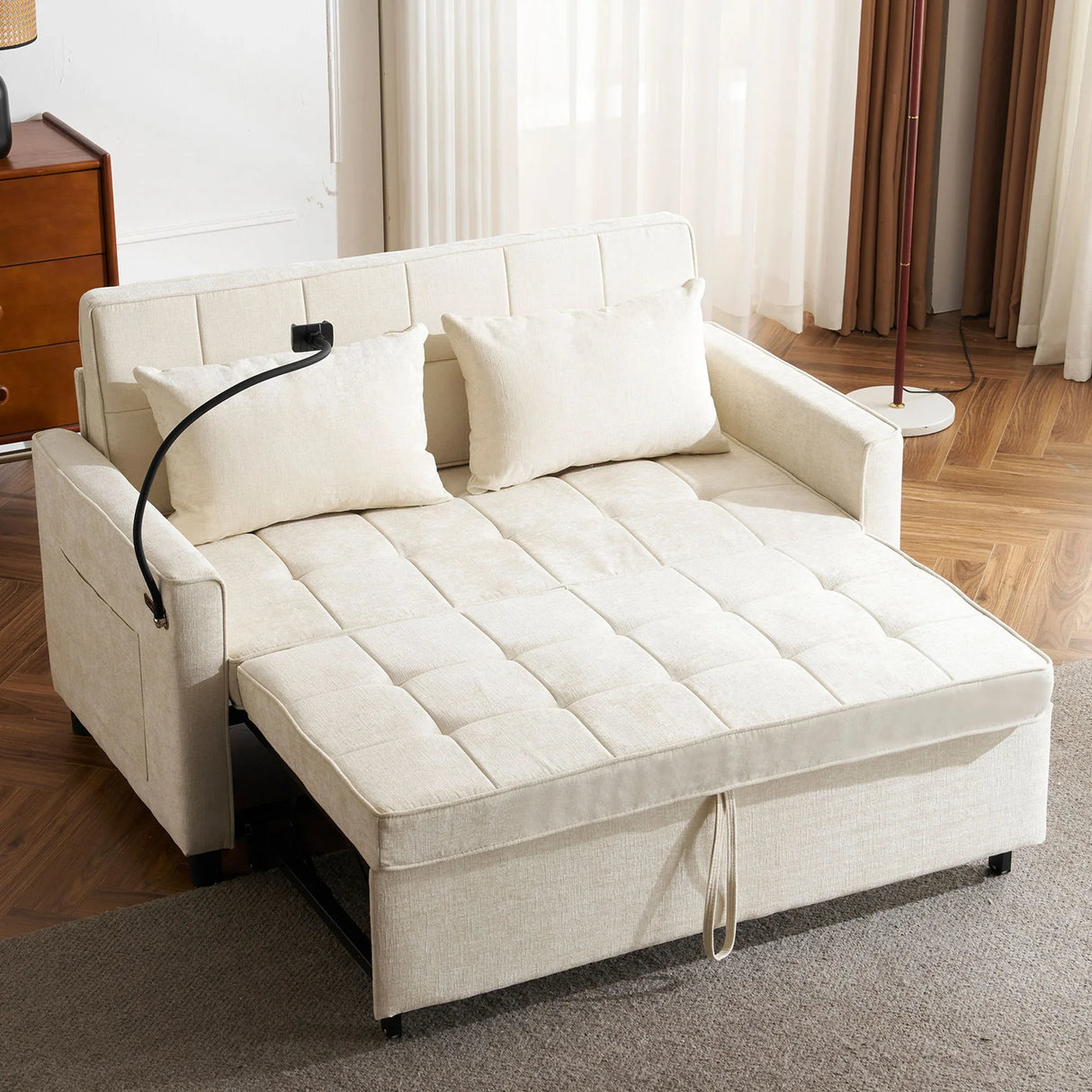 Pull-Out Sleeper Sofa With Reversible Backrest Cushion, Side Pockets, 2 USB Ports And A Phone Holder For Living Room - Furniture Home Direct