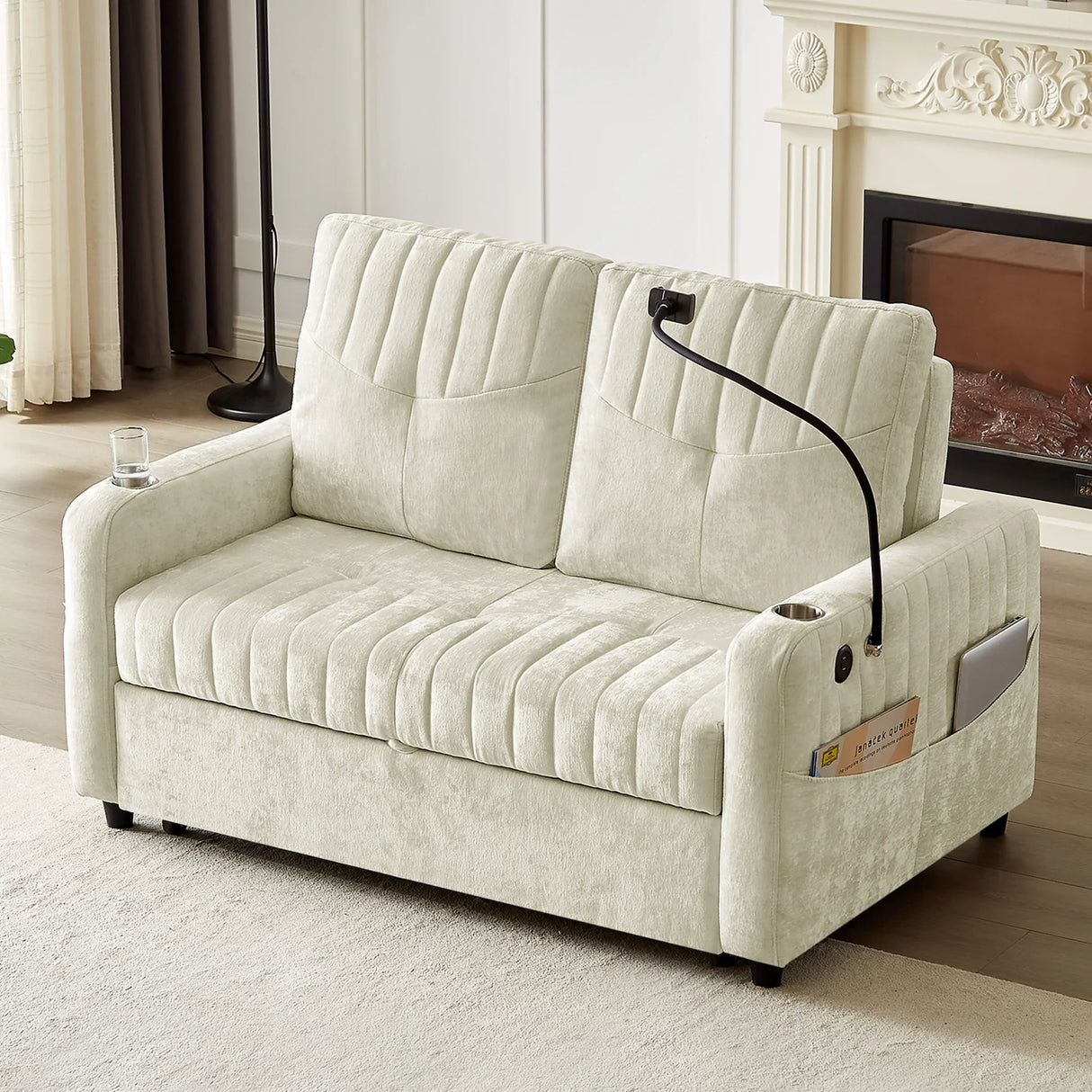 Sleeper Sofa With Adjustable Backrest, Two Cup Holders, Phone Holder, Three Charging Ports And Side Storage Pockets- Beige - Furniture Home Direct