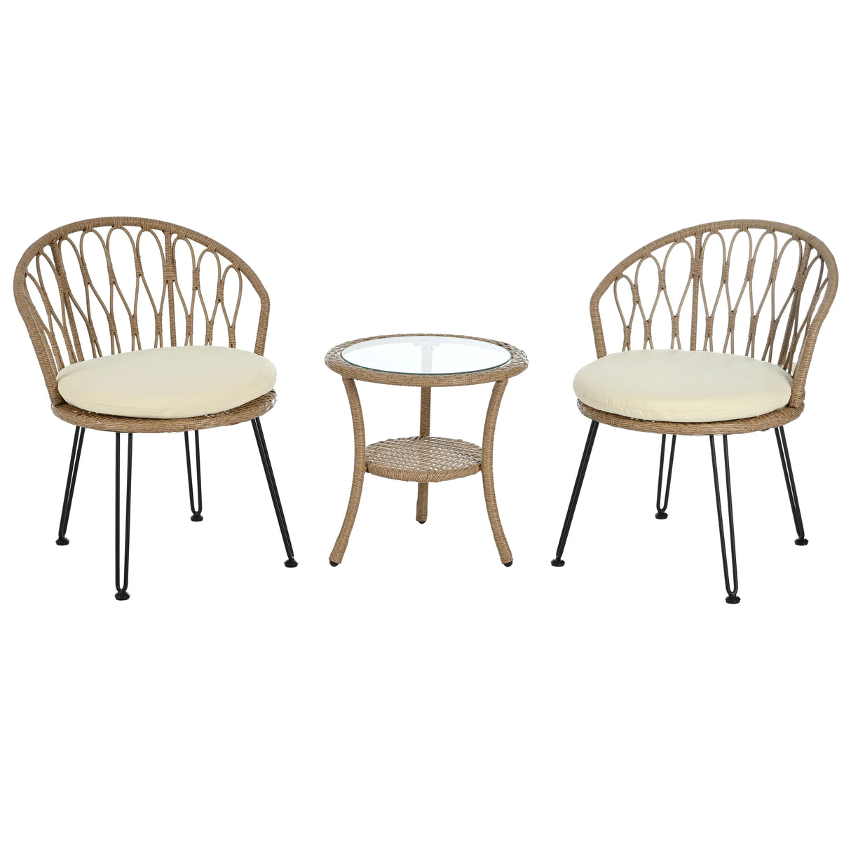 Outdoor Rattan Bistro Set With Glass Top Cushions Beige - Furniture Home Direct