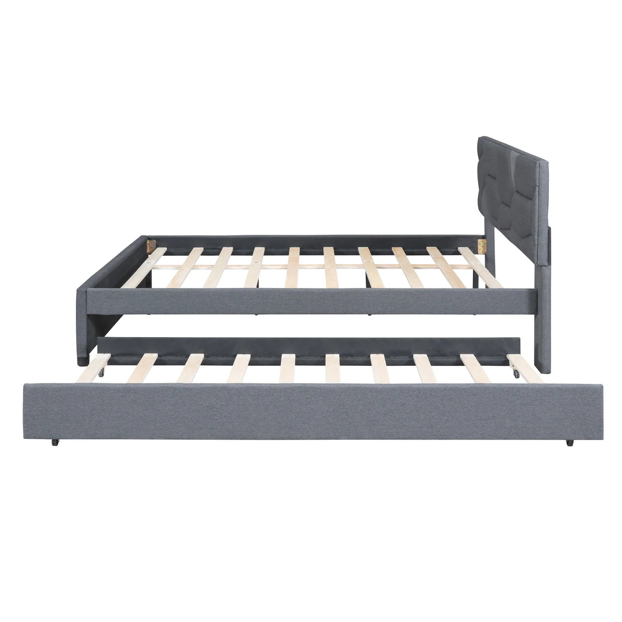 Upholstered Platform Bed With Brick Pattern Headboard And Twin Long Size Trundle - Furniture Home Direct