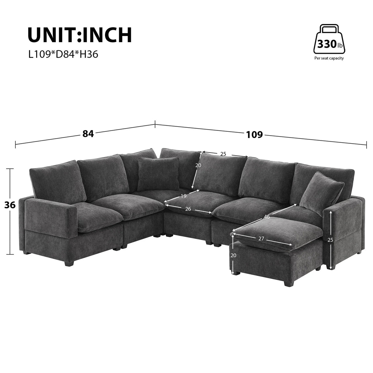 Modern U-Shape Modular Sofa, 7 Seat Chenille Sectional Couch Set With 2 Pillows Included, Freely Combinable Indoor Funiture For Living Room, Apartment, Office - Furniture Home Direct