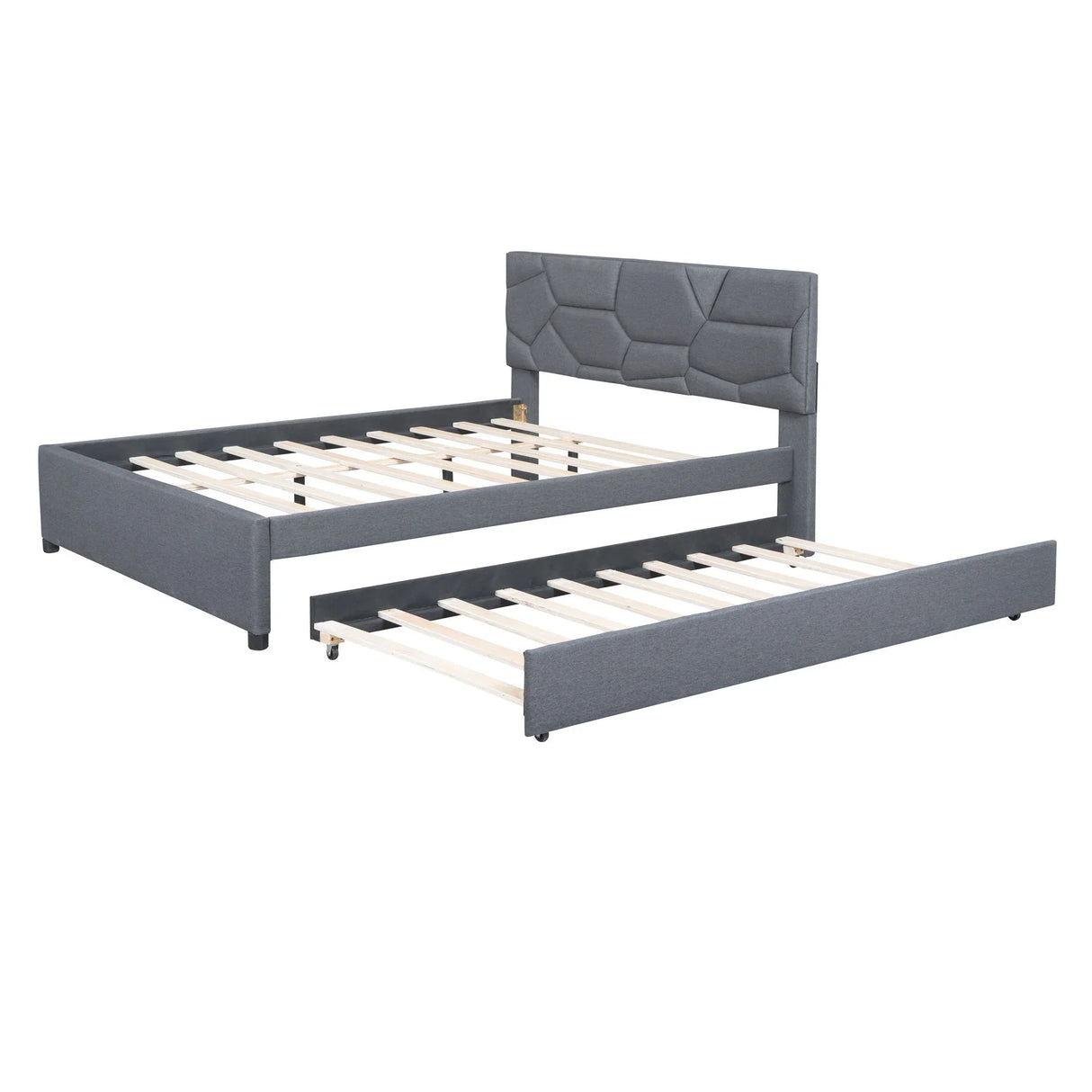 Upholstered Platform Bed With Brick Pattern Headboard And Twin Long Size Trundle - Furniture Home Direct