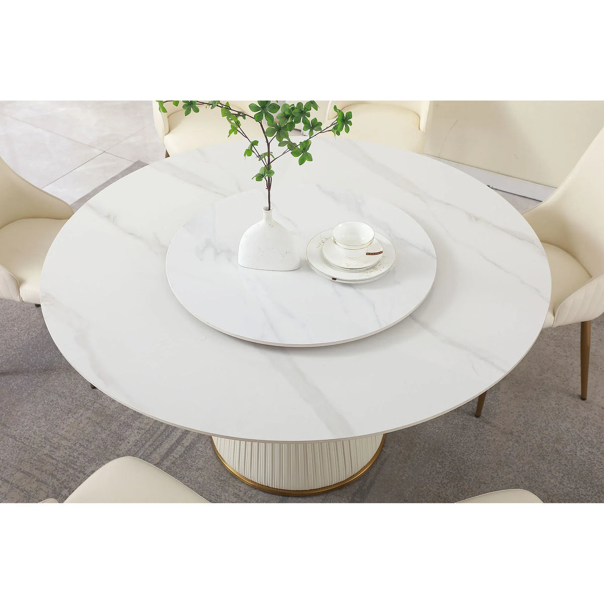 Modern Sintered Stone Dining Table With Turntable And Wood Metal Pedestal With 4 Chairs - Beige / White - Furniture Home Direct