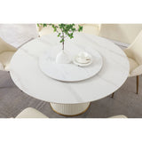 Modern Sintered Stone Dining Table With Turntable And Wood Metal Pedestal With 4 Chairs - Beige / White - Furniture Home Direct