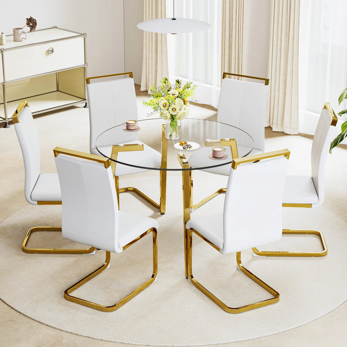 Dining Table Round Glass Top With Gold Legs Transparent - Furniture Home Direct