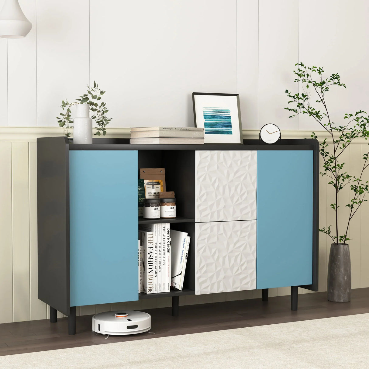 Modern Sideboard Buffet Cabinet With Red Doors And Unique Panel Styling - Furniture Home Direct