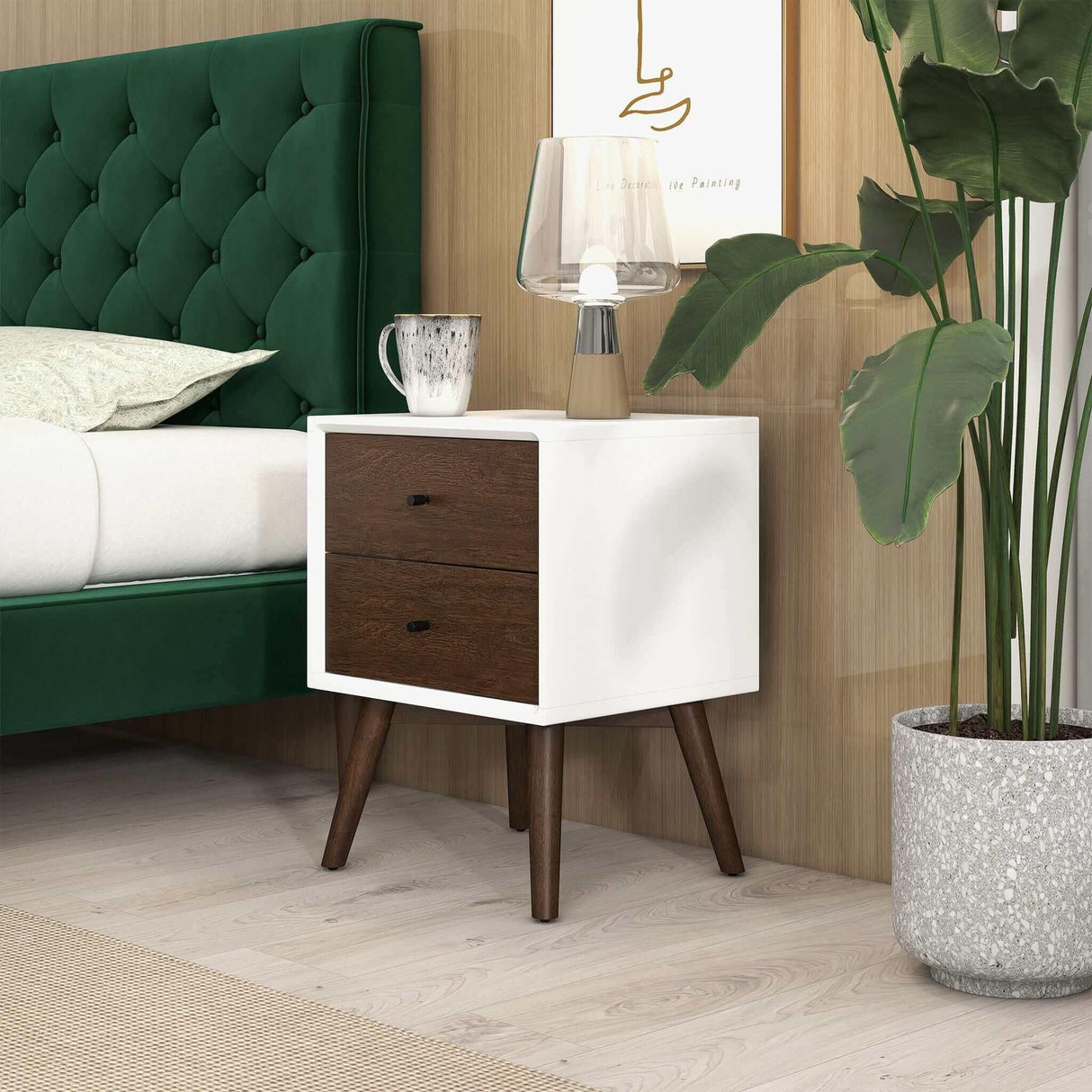Caroline - Mid-Century Modern Style White Night Stand 2 Drawer - Furniture Home Direct