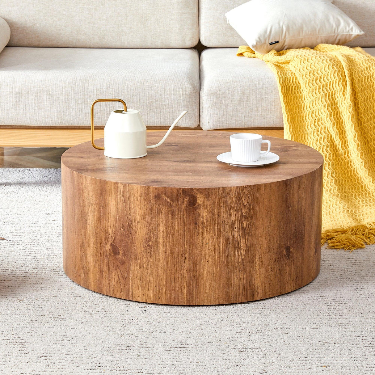 Coffee Table Cylindrical Wood Design Accent Warm Brown - Furniture Home Direct