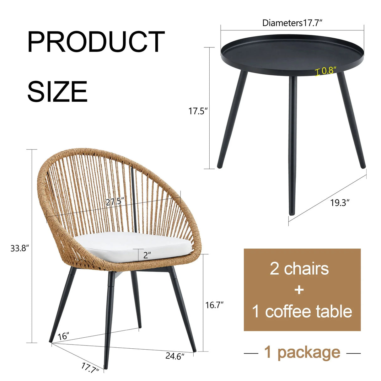 Modern 3 Piece Set, Anti - Spill Round Coffee Table, 2 Rattan Swivel Chairs, Outdoor Patio Furniture For Tea Time - Black / Wood - Furniture Home Direct