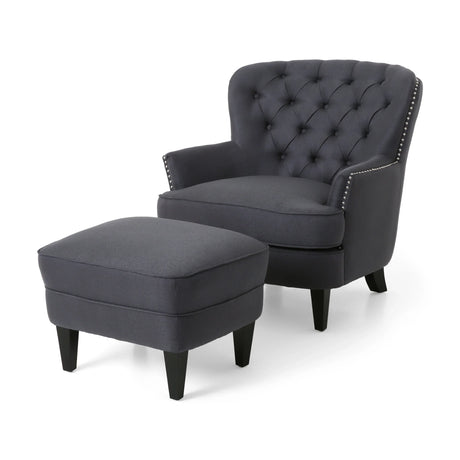Club Chair and Ottoman Tufted Set with Nailhead Gray - Furniture Home Direct