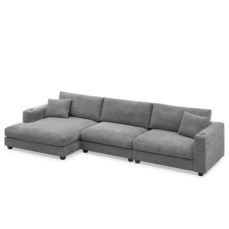 Oversized Corduroy Sectional Sofa, L Shaped Cloud Couch With USB Charging Port, Cup Holder, Deep Seat Sofa Bed With 50" Chaise, Comfy Indoor Furniture For Living Room - Furniture Home Direct