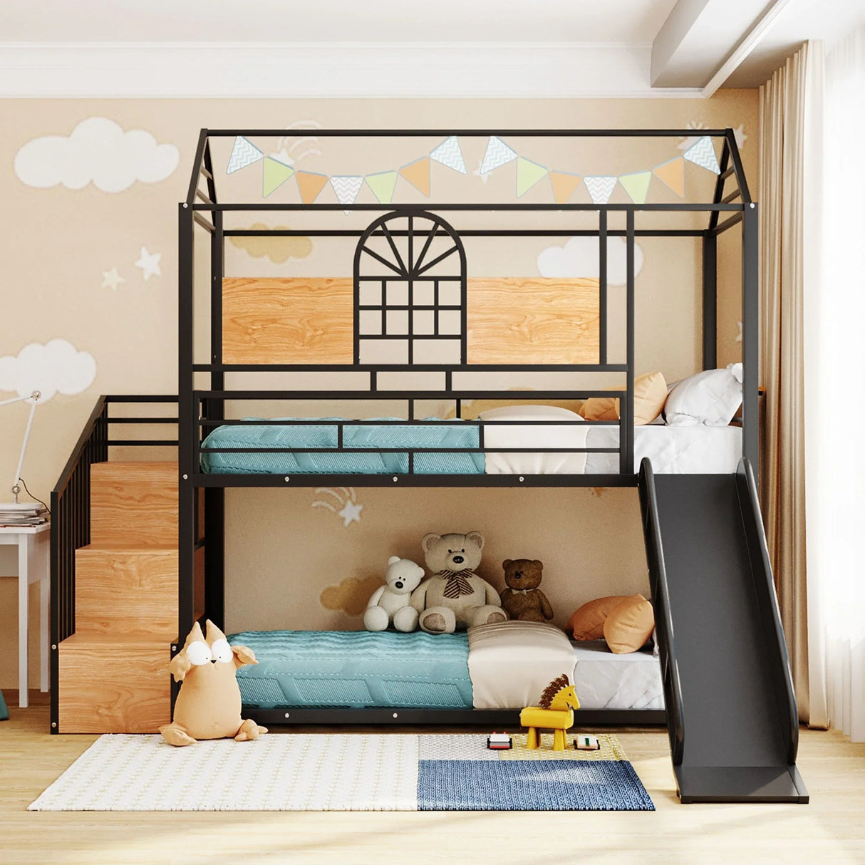 Metal Bunk Bed, Metal Housebed With Slide And Storage Stair - Furniture Home Direct