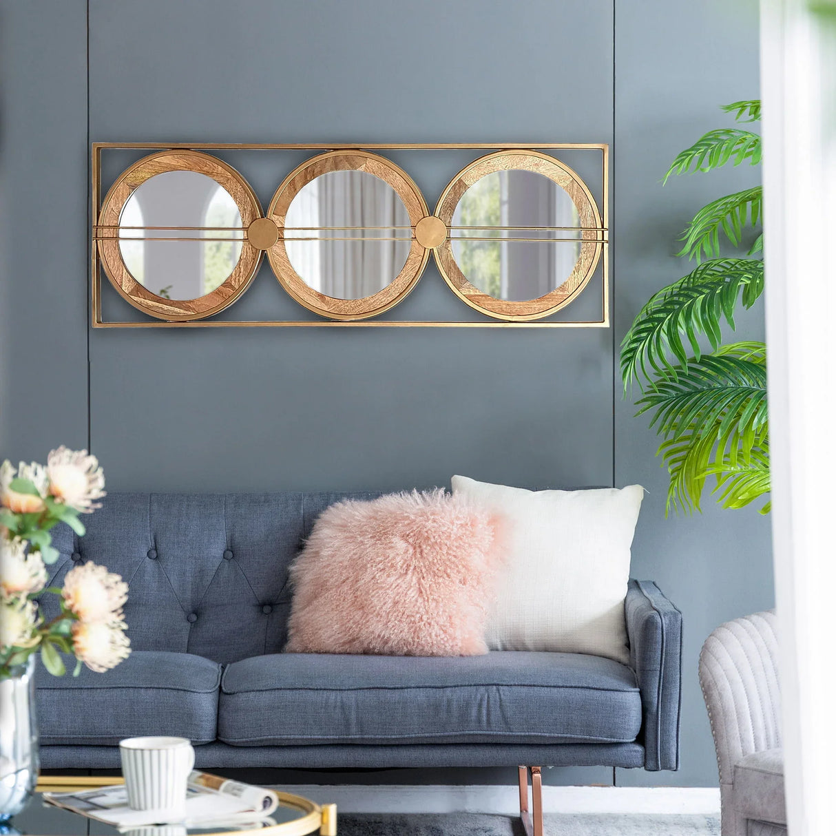 3 Mirror Piece Wall Mirror InRectangular Frame, Home Wall Decor For Bedroom Living Room - Brown - Furniture Home Direct