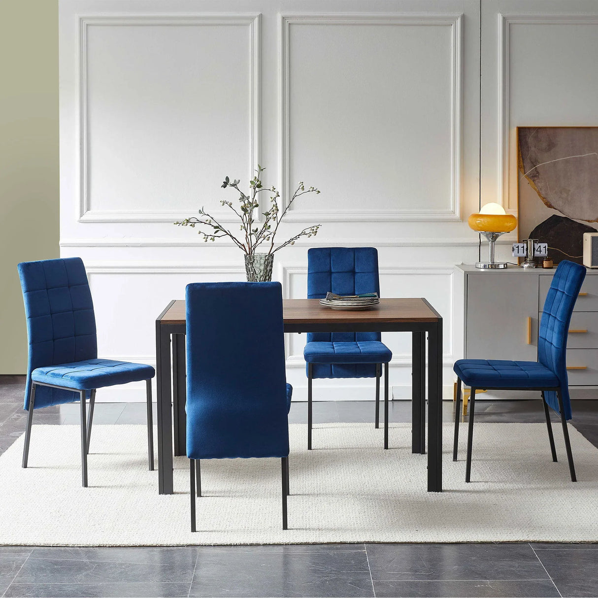 5 Piece Dining Set Including Velvet High Back Nordic Dining Chair & Creative Design Dining Table - Furniture Home Direct