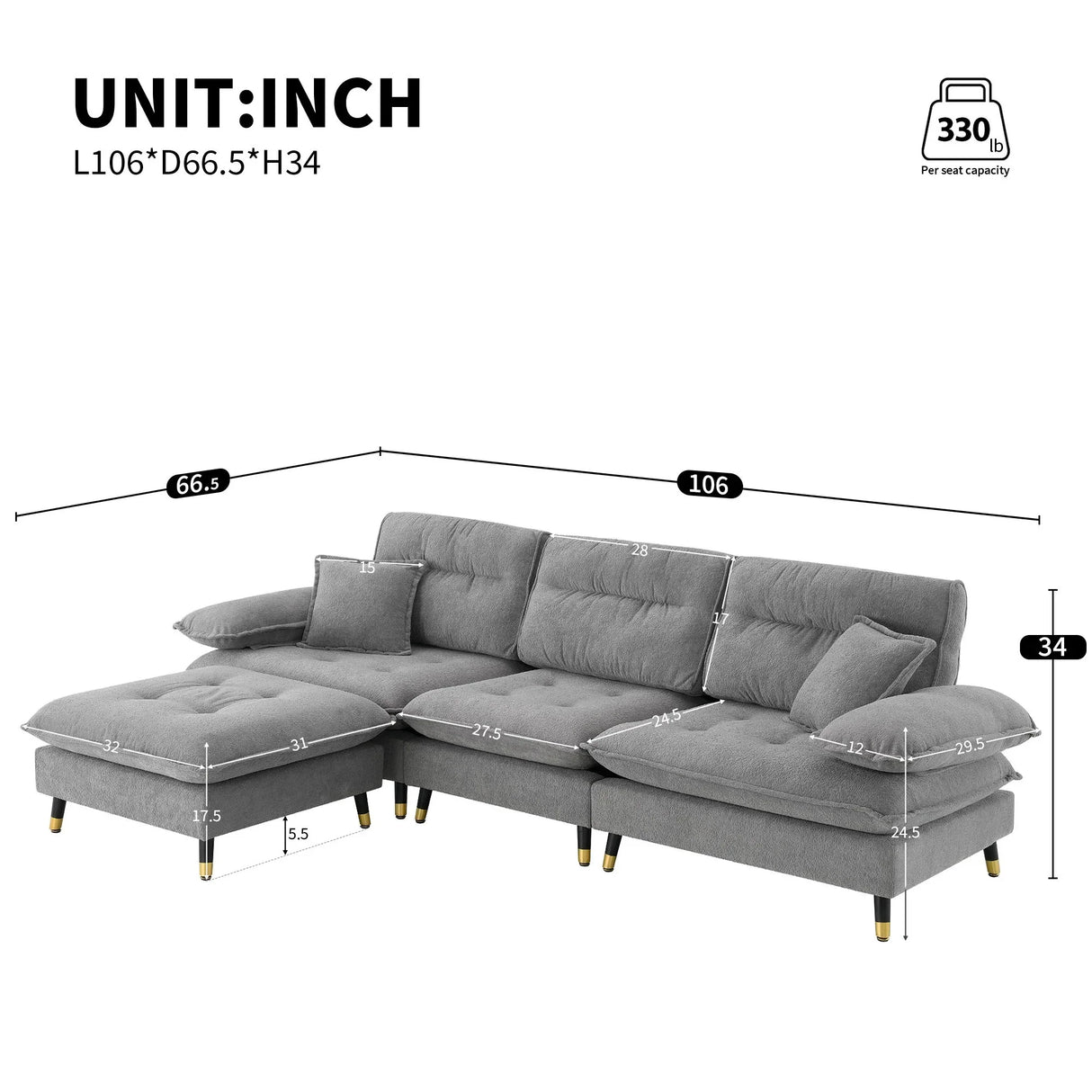 L Shaped Convertible Sectional Sofa 4 Seat Tufted Couch Set With Two Tone Adjust Legs Cloud Movable Ottoman - Furniture Home Direct