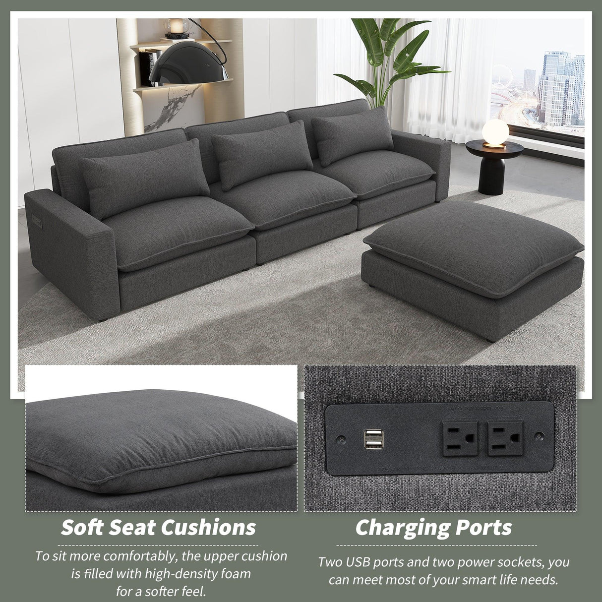 Chenille Cloud Sectional with Ottoman, Charging Ports and Three Back Pillows - Grey - Furniture Home Direct