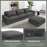 Chenille Cloud Sectional with Ottoman, Charging Ports and Three Back Pillows - Grey - Furniture Home Direct
