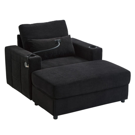 Modern Style Armchair Chaise Lounge Sofa Couch With Movable Storage Ottoman, USB Ports, Cup Holders, Phone Holder, Side Pockets - Furniture Home Direct