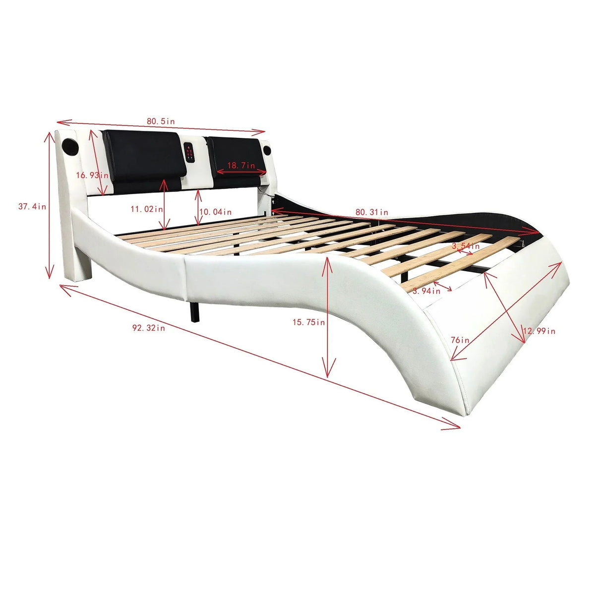 Upholstered Platform Bed Frame With LED Lighting, Bluetooth Connection To Play Music Control, Backrest Vibration Massage, Curve Design, Wood Slat Support, Exhibited Speakers - Furniture Home Direct