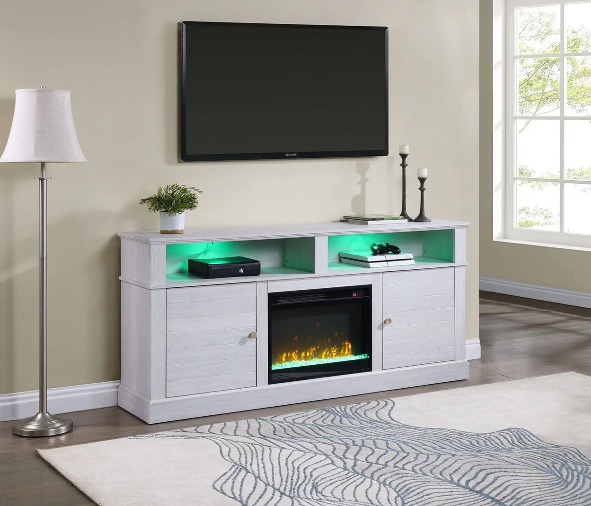 Lucifer - TV Stand Console With Fireplace - White Walnut - Furniture Home Direct